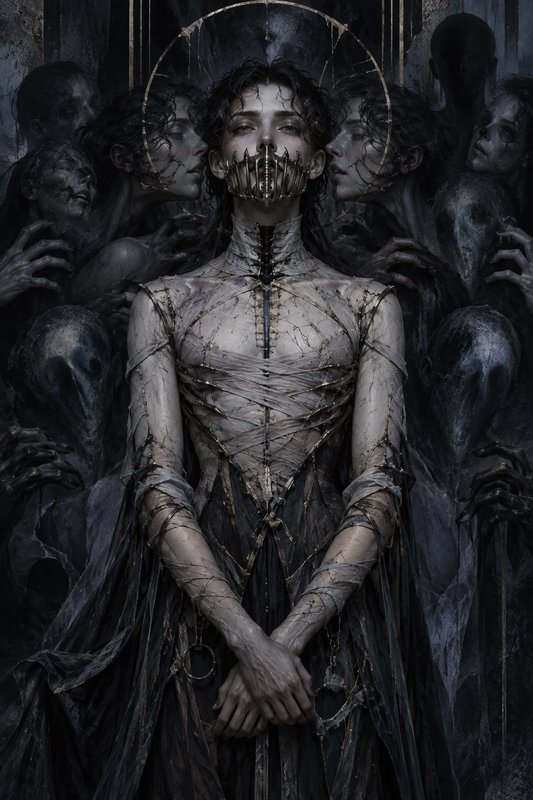 Surreal gothic portrait of a haloed macabre saint with metal mouth restraint, surrounded by shado...