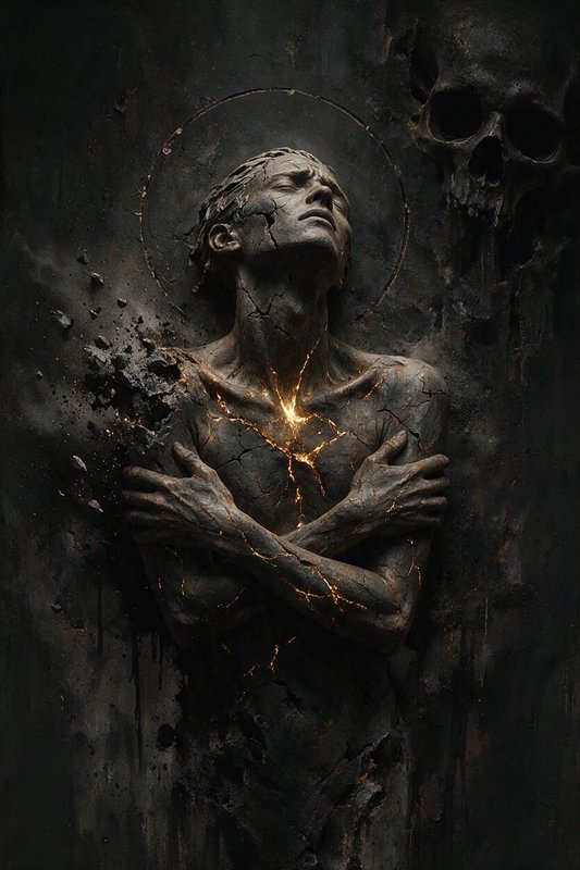 Cracked haloed stone human figure with glowing golden kintsugi cracks, adjacent weathered skull, ...