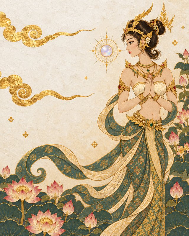 Ornate gilded illustration of a traditional Southeast Asian apsara in prayer pose, framed by pink...