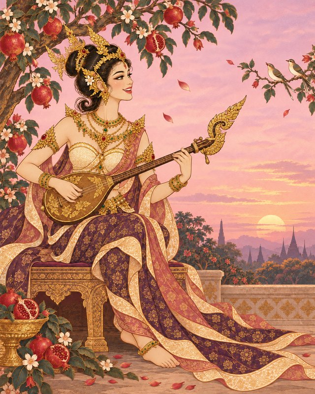 Ornately adorned Southeast Asian apsara royal figure plays a lute beneath a pomegranate tree at p...