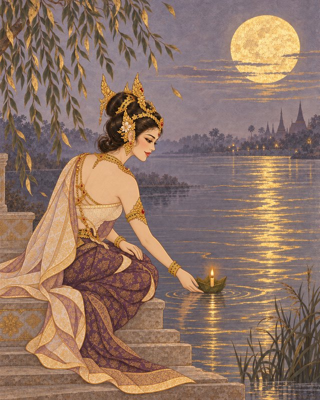 Illustrated woman in ornate Thai traditional dress releases a lit krathong into a moonlit river f...