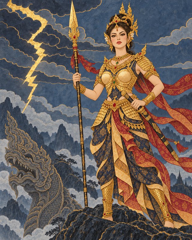 Ornate Southeast Asian warrior goddess in gilded armor holds a spear, standing beside a stone nag...