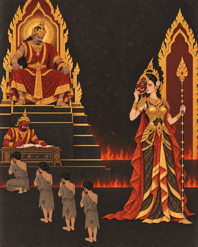 Mythological Southeast Asian underworld court with royal figures, demon scribe, and bowing petiti...
