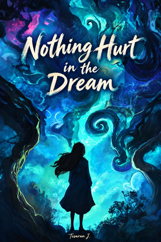 Nothing Hurt in the Dream fantasy book cover, silhouetted girl gazing at swirling glowing dreamsc...