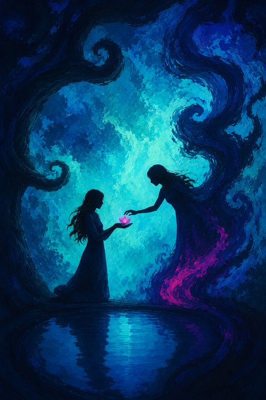Silhouetted kneeling woman holds glowing pink lotus as ethereal spirit reaches for it beside a re...