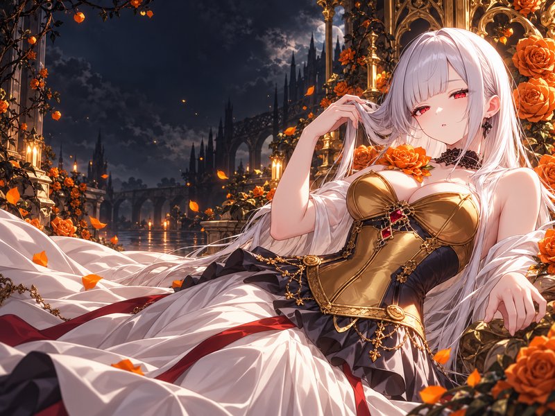 Anime silver-haired red-eyed noble woman in a gold gown lounges among orange roses on a gothic ca...