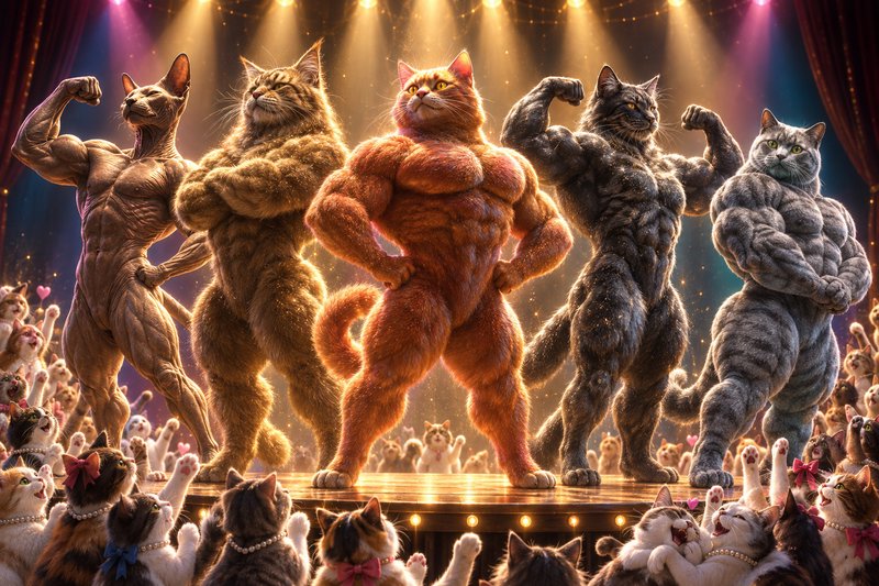 Five muscular buff anthropomorphic cats flex on a lit stage as a crowd of cheering cats watches.
