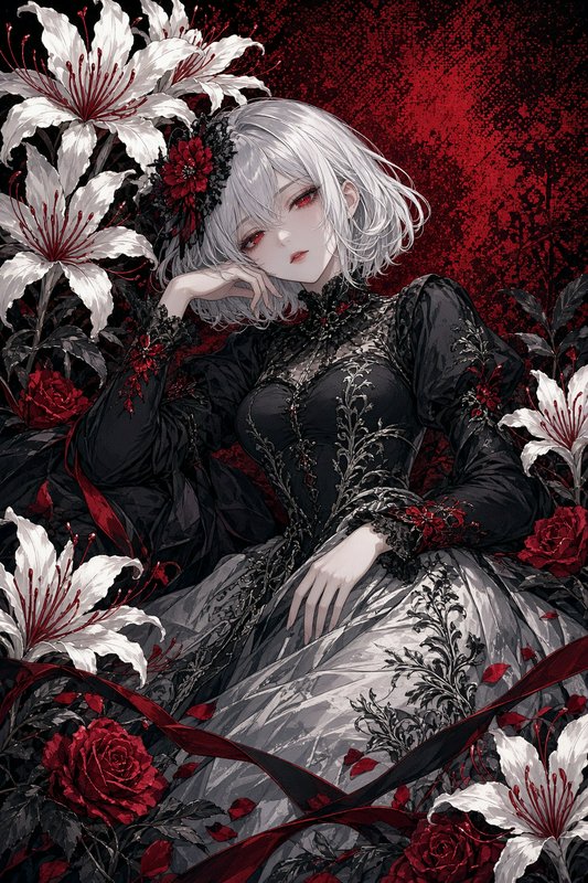 Melancholic goth anime woman with silver hair and red eyes rests surrounded by lilies and red roses