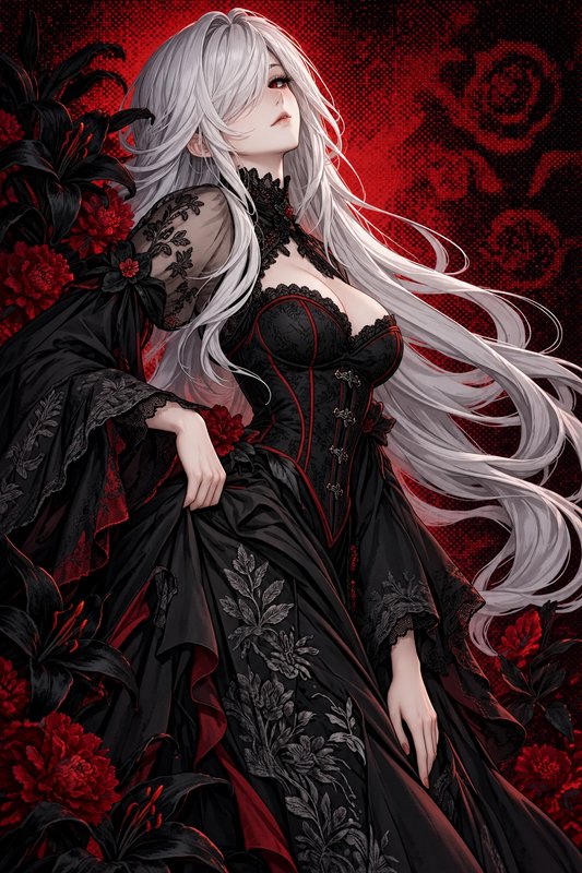 Gothic anime woman with long silver hair in an ornate black gown surrounded by deep red flowers