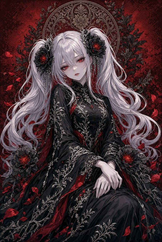 Gothic anime girl with white twin tails, red eyes, and black floral hair accessories seated against an ornate deep red