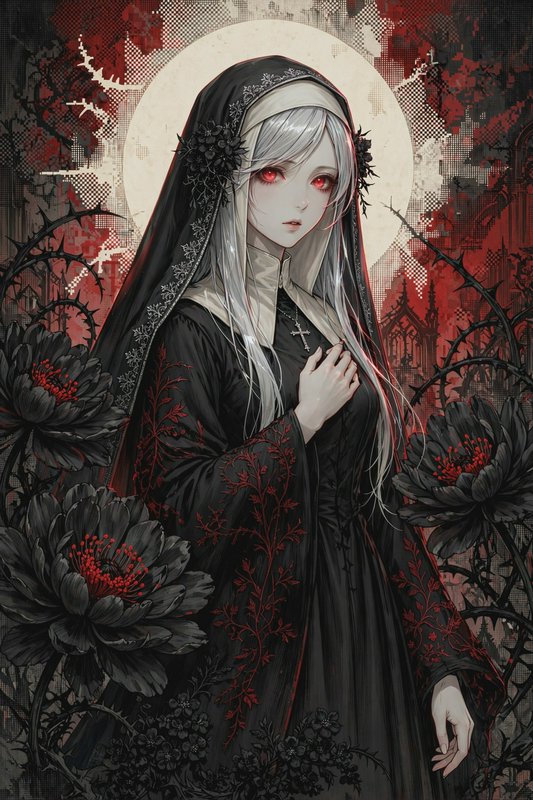 Gothic anime nun with silver hair and glowing red eyes stands among thorny black peonies beneath a pale halo
