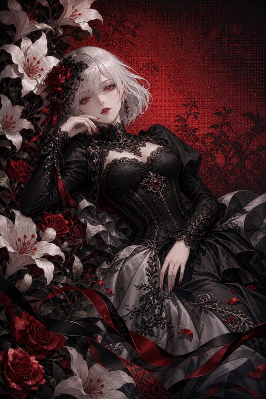 Silver-haired gothic woman in an ornate black gown reclines among white lilies and red roses against a deep red backdrop