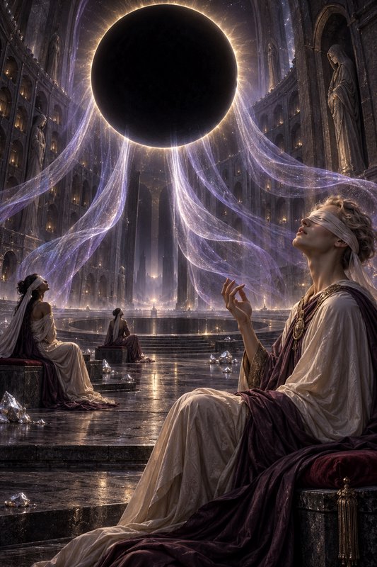 Blindfolded robed worshippers sit in a grand ancient temple beneath a glowing suspended eclipse orb