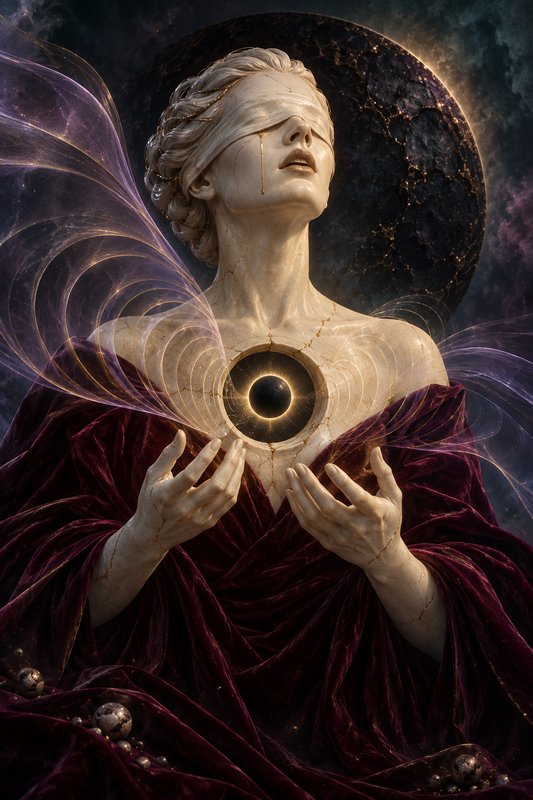 Blindfolded kintsugi marble celestial goddess statue with a solar eclipse embedded in her chest