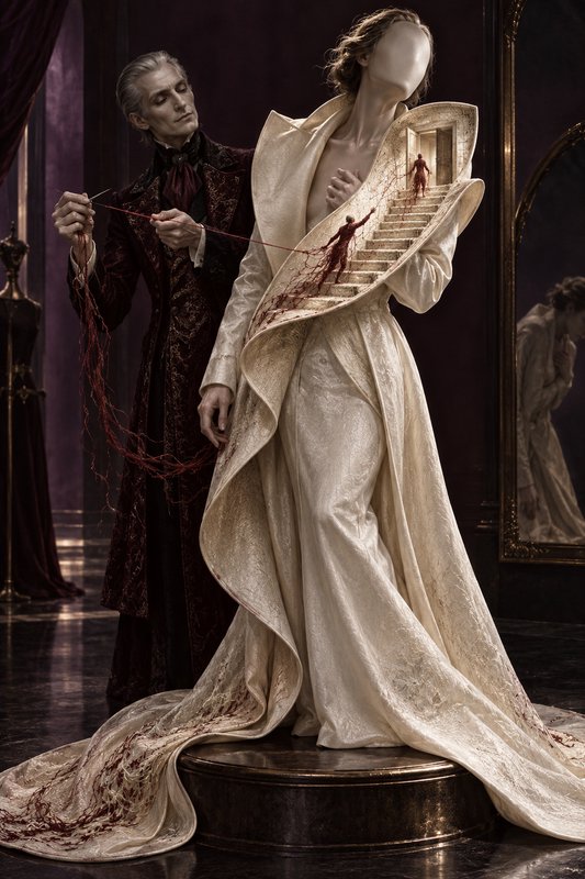 Surreal gothic scene of a tailor holding red thread attached to a faceless woman's elaborate carved gown