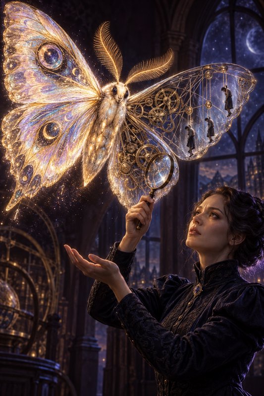 Victorian woman examining a glowing steampunk mechanical moth with a magnifying glass