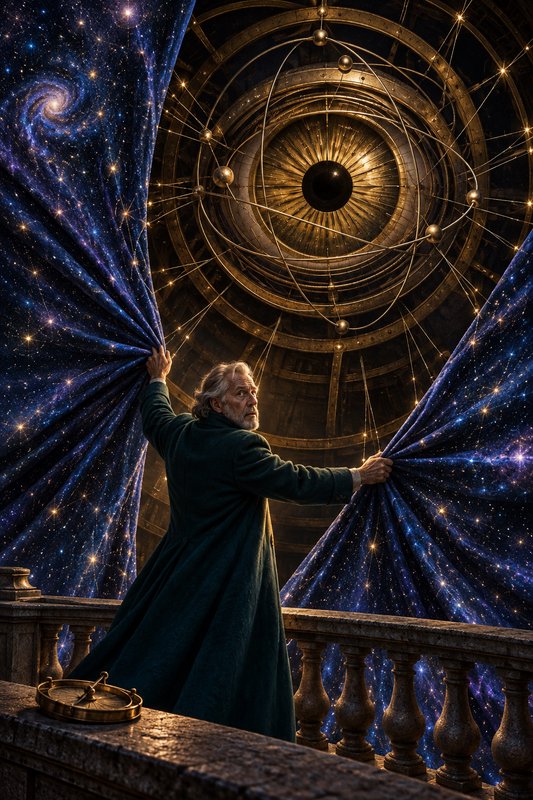 Elderly astronomer pulls apart glowing starry cosmic curtains in front of a large brass armillary...