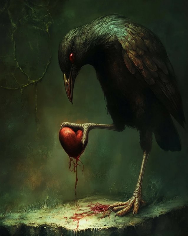 Tall gothic raven with a glowing red eye holds a dripping bleeding heart in a misty dark forest