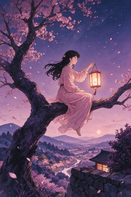 Anime girl holding a glowing paper lantern sits on a cherry blossom branch overlooking a village at twilight
