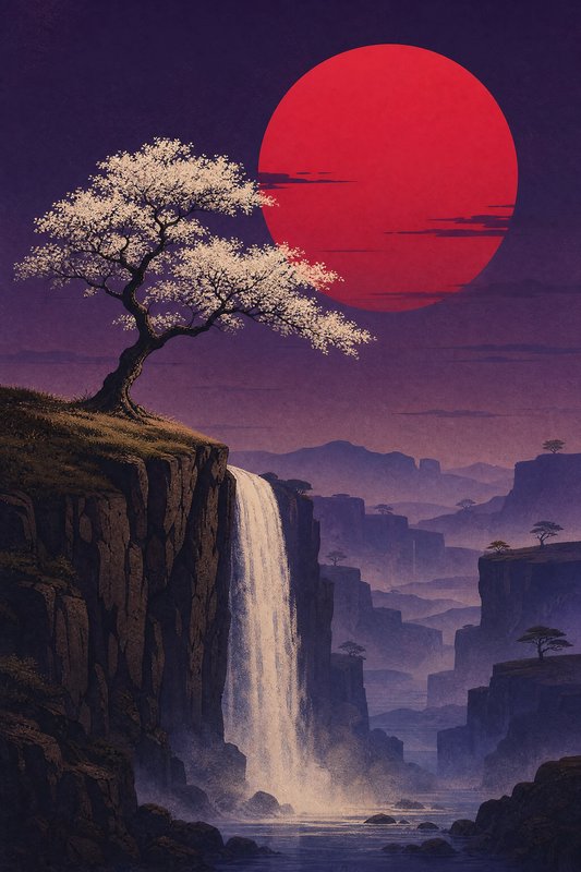 White blooming sakura tree on a cliff edge beside a waterfall under a large red moon against a pu...