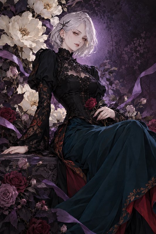 Silver haired gothic woman in an ornate black Victorian gown rests among dark roses and creamy peonies