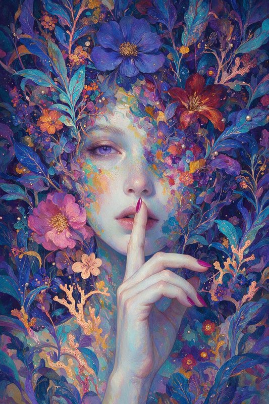 Surreal portrait of an ethereal woman holding a finger to her lips, surrounded by dense vibrant f...