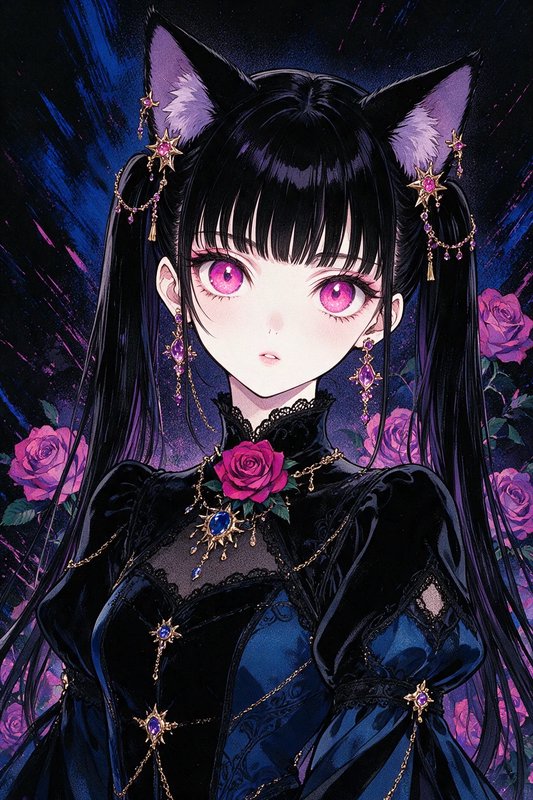 Anime nekomimi cat girl with bright pink eyes, gothic gown, surrounded by purple roses