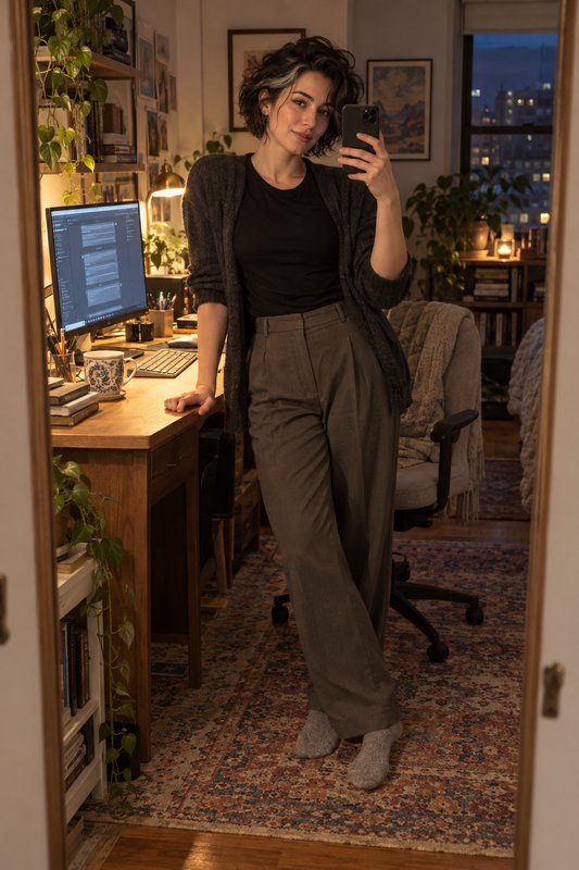 Woman takes a mirror selfie in a warmly lit cozy home office during evening twilight