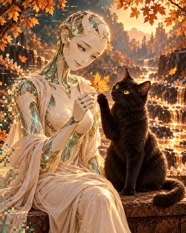 Delicate crystalline android shares a maple leaf with a fluffy black cat in an autumn sunset landscape