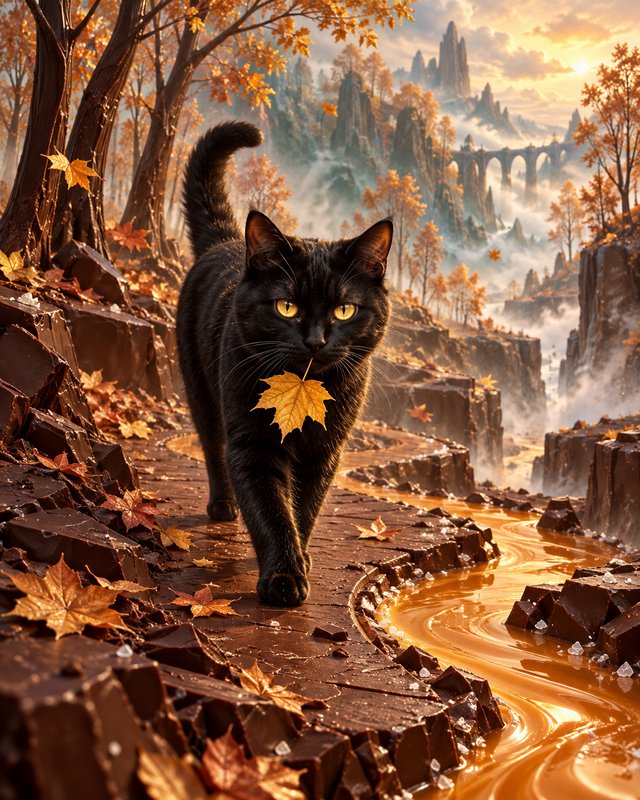 Black cat holding a golden maple leaf walks along a chocolate path in a whimsical autumn fantasy ...