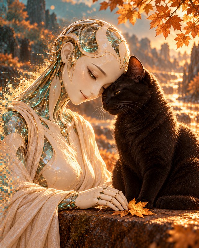 Ethereal crystal android rests her forehead gently against a fluffy black cat in a golden autumn landscape