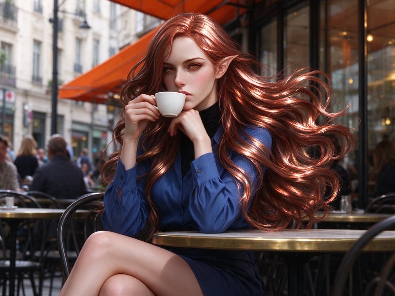 Elven woman with long flowing copper hair sipping coffee at a Parisian outdoor sidewalk cafe