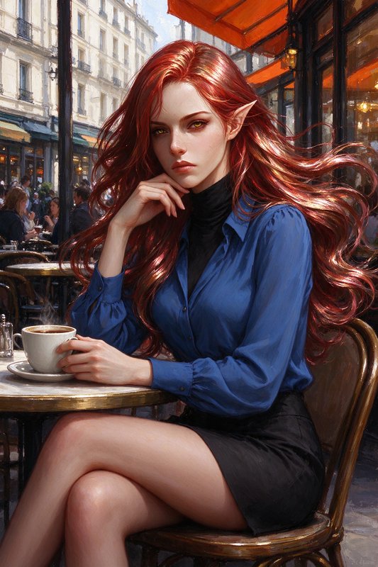 Red-haired high elf woman sits thoughtfully at a Paris sidewalk cafe holding a steaming coffee mug
