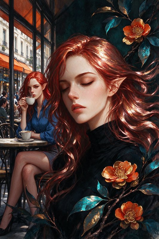 Serene red-haired elf portrait with mirrored scene of her drinking coffee at a Paris street cafe