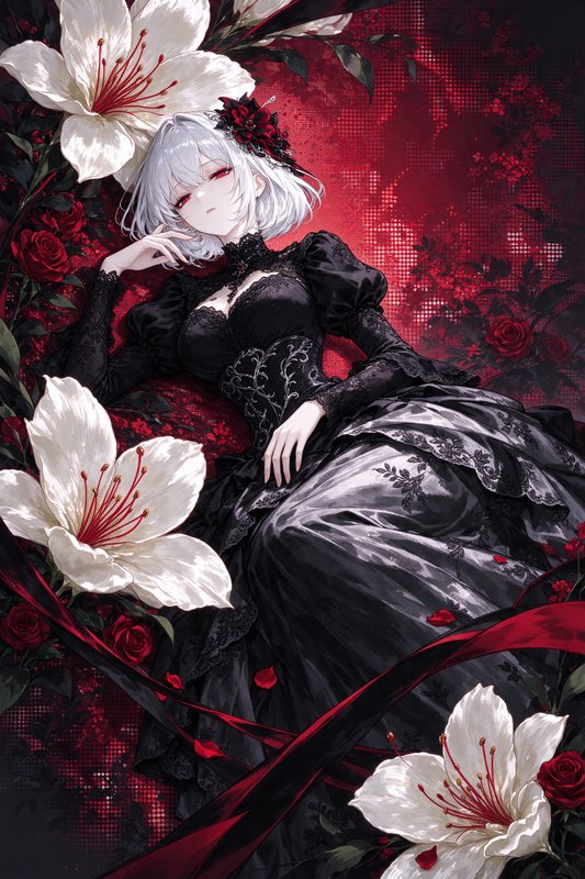 Silver-haired red-eyed anime woman in a black gothic gown reclines among white lilies and red roses