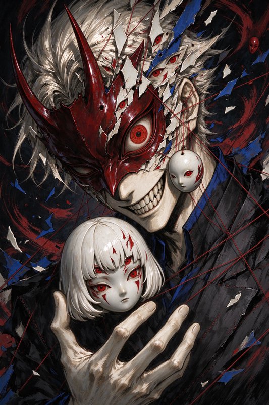 Grinning horned masked anime figure holds a small multi-eyed white doll against a chaotic dark swirling background
