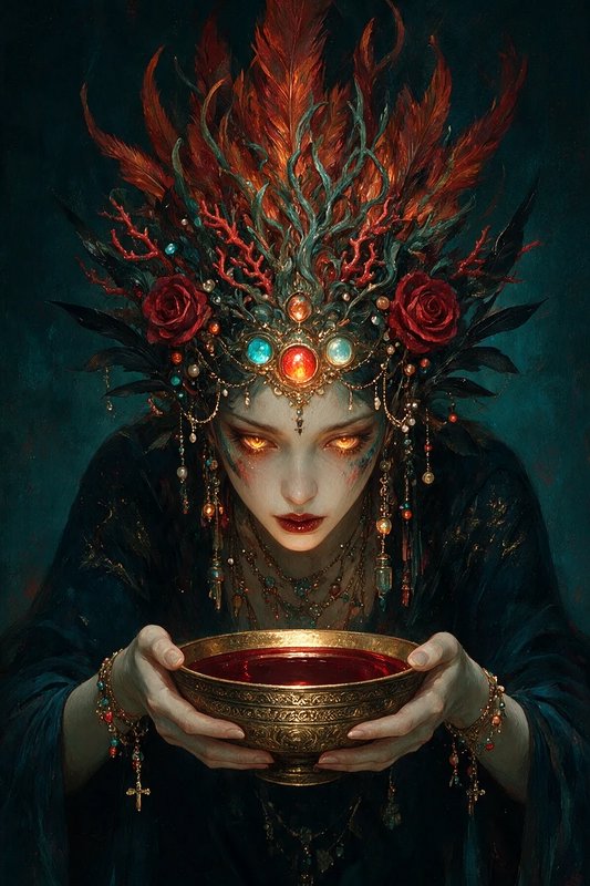 Mystical fantasy priestess with glowing golden eyes holds a gilded ritual bowl of red liquid whil...
