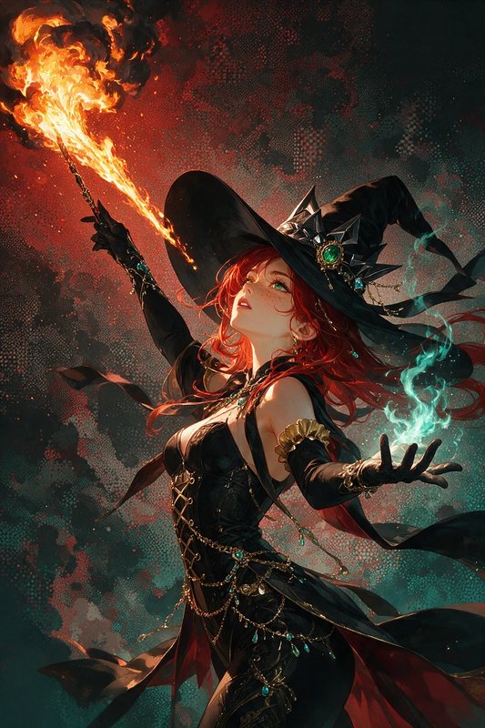 Red-haired witch casting dual elemental magic, holding a flaming wand and glowing teal spell in h...