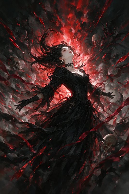 Gothic sorceress in a flowing black gown channels swirling red necromantic magic surrounded by floating skulls