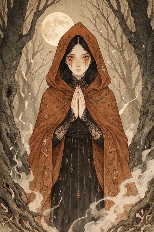 Hooded witch with bloody tear streaks stands in a prayer pose in a misty moonlit dead forest