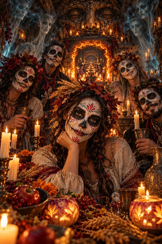 Group of people in Day of the Dead sugar skull makeup gathered around a glowing candlelit harvest...