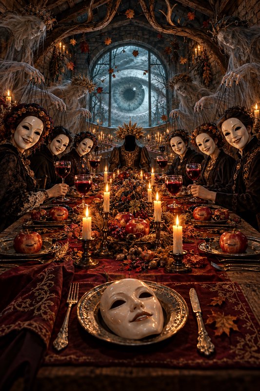 Surreal gothic masquerade feast with masked guests, ghostly spirits, and a giant eye peering thro...