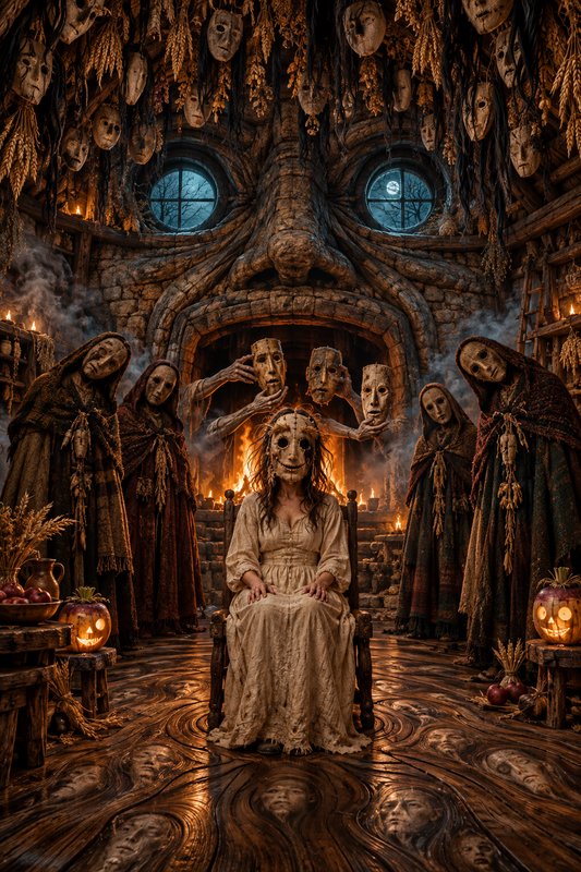 Eerie folk horror ritual inside a carved witch hut, with a masked seated figure, hooded coven, an...