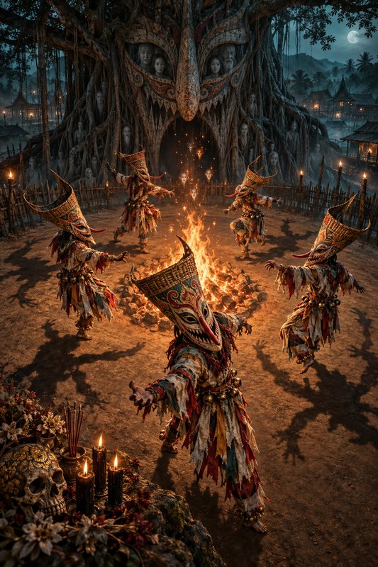 Masked ceremonial dancers circle a bonfire before a carved giant spirit tree during a nighttime f...