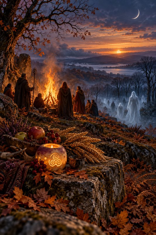 Druids gather around a Samhain bonfire as ghostly spirits emerge from a misty autumn valley at su...