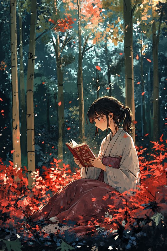 Anime girl in a traditional kimono reads a book while seated among red autumn foliage in a sun-da...