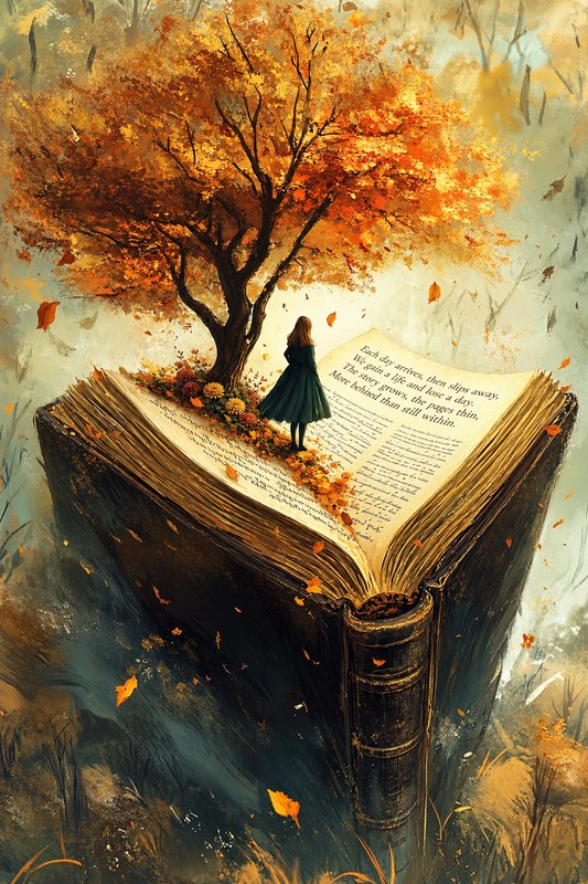 Small woman stands on a giant open book beneath an autumn tree growing from its pages