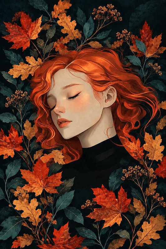 Serene curly red-haired woman with closed eyes framed by vibrant autumn foliage