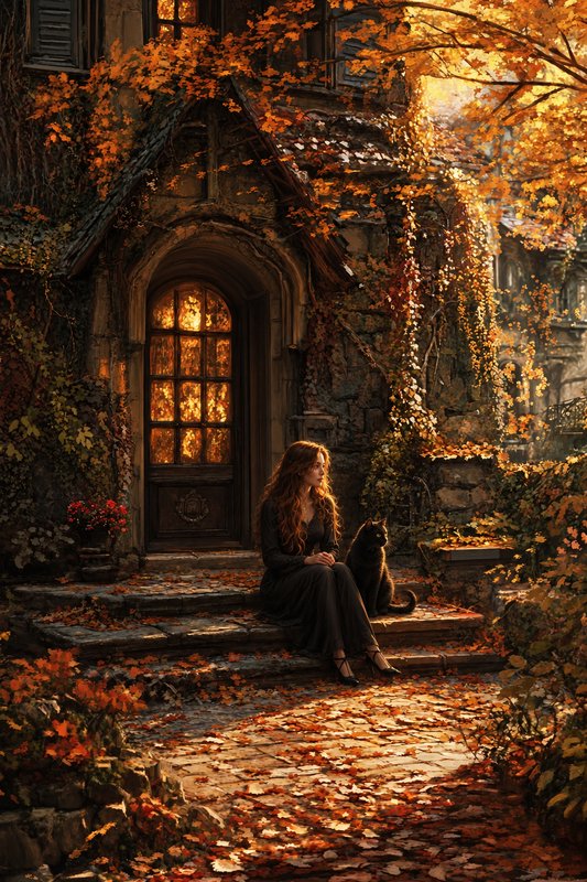 Woman with long red hair sits on old cottage steps beside a black cat amid glowing autumn foliage