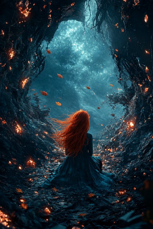 Woman with windswept red hair sits facing a glowing misty forest arch as autumn leaves drift arou...
